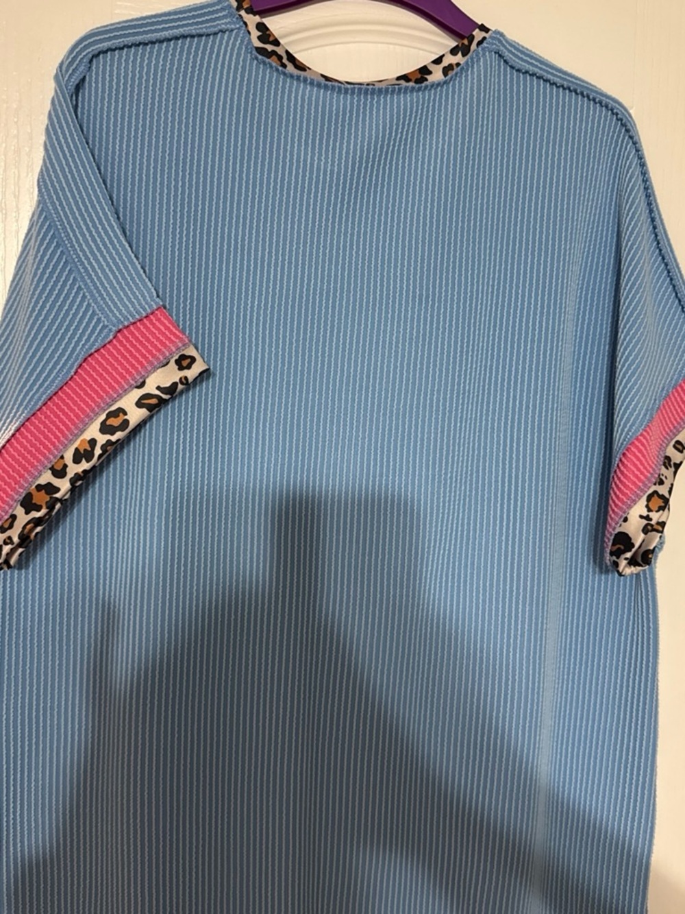 Light Blue Ribbed Women's Top with Pink & Leopard Trim by
